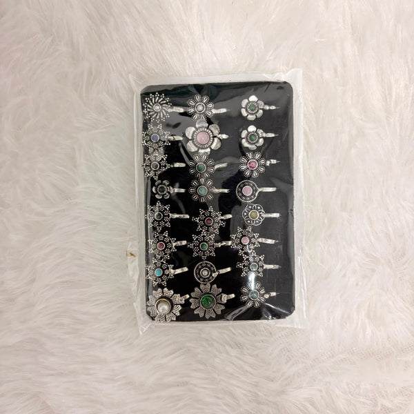 A06926 Traditional Silver Oxidized Floral Nose Pin with Multicolor Stones