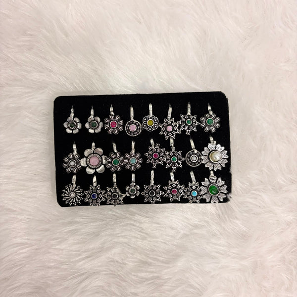 A06926 Traditional Silver Oxidized Floral Nose Pin with Multicolor Stones