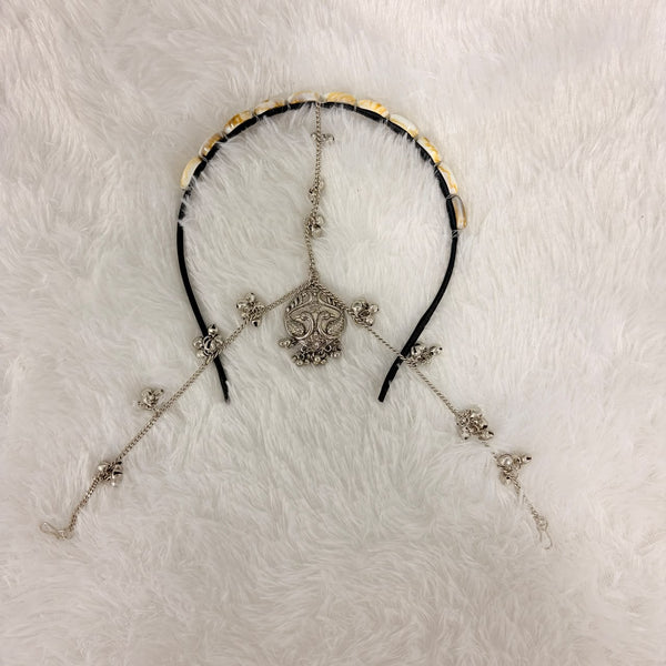 A06927 Oxidized Silver Cowrie Shell Hairband Damini with Peacock Motif & Ghungroos