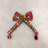 A06929 Handcrafted Kutchi Embroidery & Mirror Work Bow Hair Clip with Pom-Poms