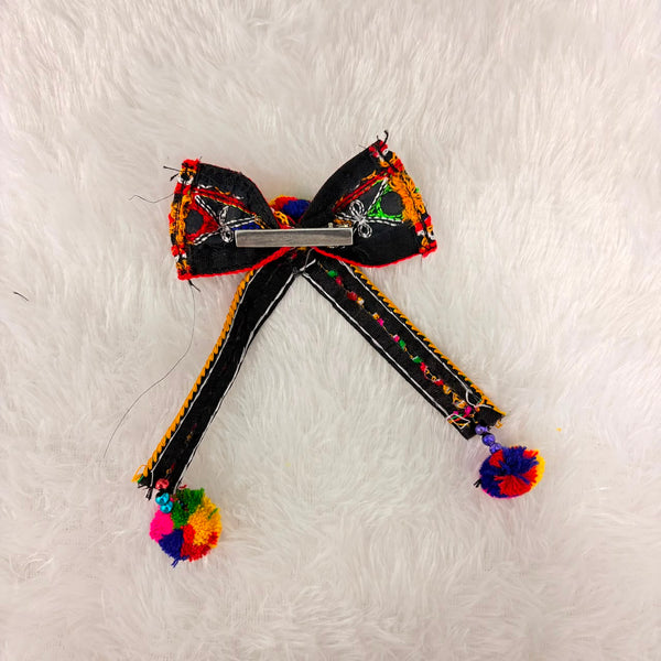 A06929 Handcrafted Kutchi Embroidery & Mirror Work Bow Hair Clip with Pom-Poms