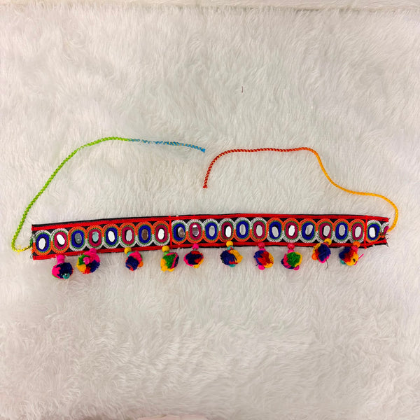 A06930 Traditional Embroidered Gujarati Kutchi Belt with Mirror Work & Pom-Poms