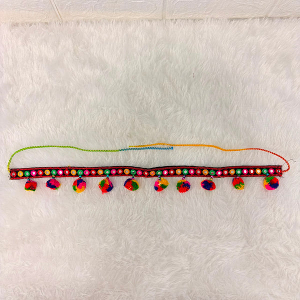 A06931 Traditional Embroidered Ethnic Waist Belt with Mirror Work & Colorful Pom-Poms for Festive & Navratri Wear