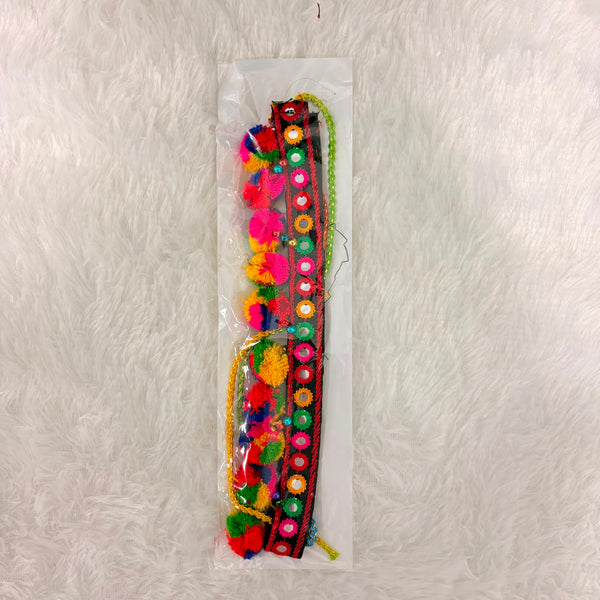 A06931 Traditional Embroidered Ethnic Waist Belt with Mirror Work & Colorful Pom-Poms for Festive & Navratri Wear