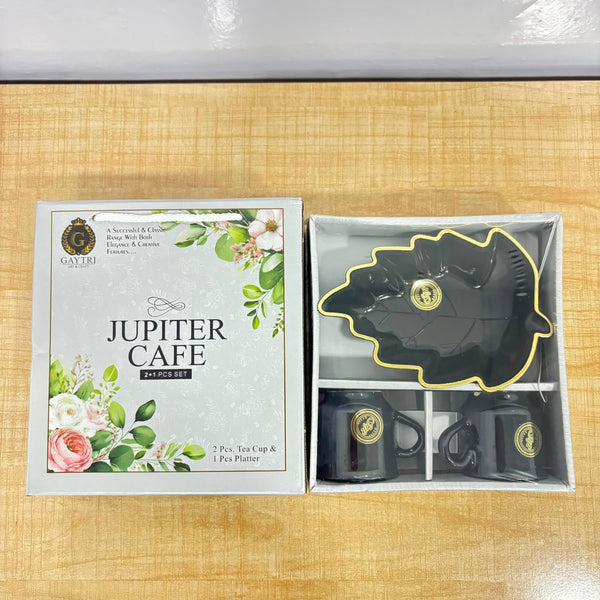 A06975 Jupiter Cafe 3-Piece Tea Cup & Leaf Platter Gift Set (2 Cups + 1 Platter)