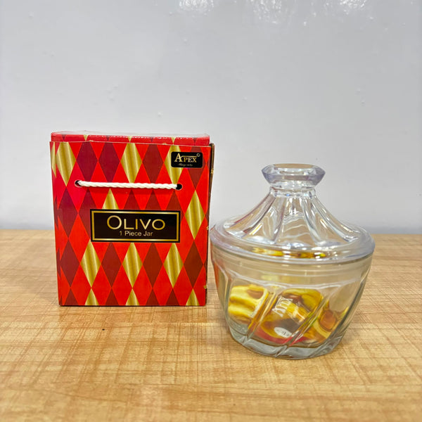 AM6911 Ivoery & Olivo Decorative Glass Dry Fruit & Candy Jar with Green Lid (1 Piece)