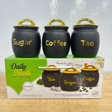A06989 Daily Needs Matte Black & Gold Glass Container Set for Tea, Sugar & Coffee - Pack of 3