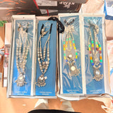 A06917 Oxidized Silver-Plated Double Layered Mirror Work Boho Necklace Set with Earrings