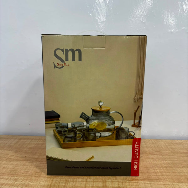 A07072 Shine Max Glass Tea Kettle Set with 6 Cups & Wooden Serving Tray [SMWH96-L8]