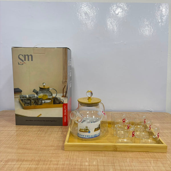 A07072 Shine Max Glass Tea Kettle Set with 6 Cups & Wooden Serving Tray [SMWH96-L8]