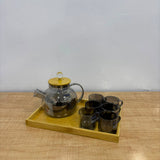 A07073 CrystoMax Heat-Resistant Borosilicate Glass Teapot Set with 6 Cups & Wooden Serving Tray [CTW-496-B-G]
