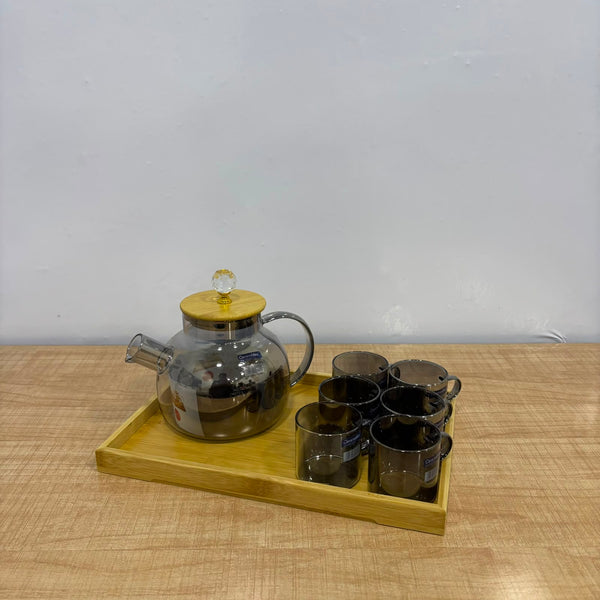 A07073 CrystoMax Heat-Resistant Borosilicate Glass Teapot Set with 6 Cups & Wooden Serving Tray [CTW-496-B-G]