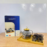 A07073 CrystoMax Heat-Resistant Borosilicate Glass Teapot Set with 6 Cups & Wooden Serving Tray [CTW-496-B-G]