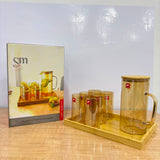 A07075 Shine Max 8-Piece Borosilicate Glass Water Pitcher Set with Wooden Lid & Wooden Serving Tray [SMWH91-L8-B-G]