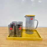 A07075 Shine Max 8-Piece Borosilicate Glass Water Pitcher Set with Wooden Lid & Wooden Serving Tray [SMWH91-L8-B-G]