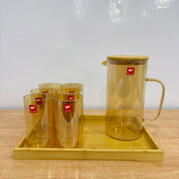 A07075 Shine Max 8-Piece Borosilicate Glass Water Pitcher Set with Wooden Lid & Wooden Serving Tray [SMWH91-L8-B-G]