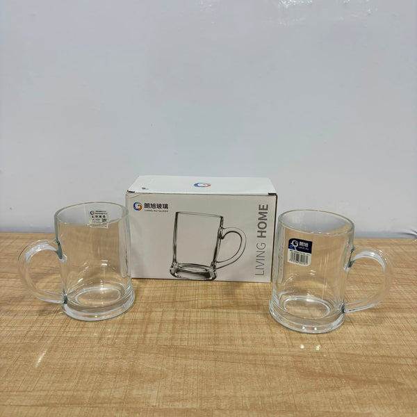 A07077 Langxu Transparent Clear Glass Beer Mugs Set with Handle, 395ml - Set of 2 [LXZB05-375]