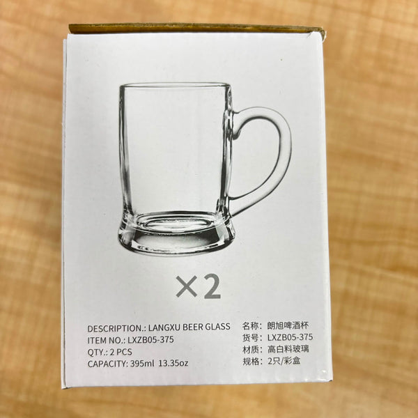 A07077 Langxu Transparent Clear Glass Beer Mugs Set with Handle, 395ml - Set of 2 [LXZB05-375]