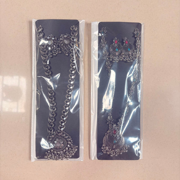 A06921 Traditional Oxidized Silver Multicolor Stone Long Necklace Set with Matching Earrings