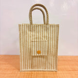 A07160 Striped Eco Tote Bag with Front Pocket & Button Accent