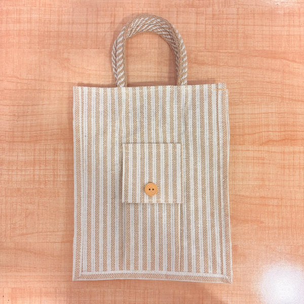 A07160 Striped Eco Tote Bag with Front Pocket & Button Accent