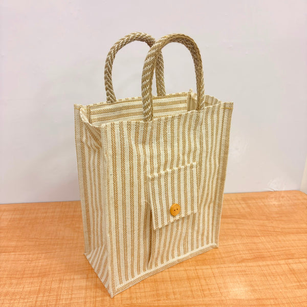 A07160 Striped Eco Tote Bag with Front Pocket & Button Accent