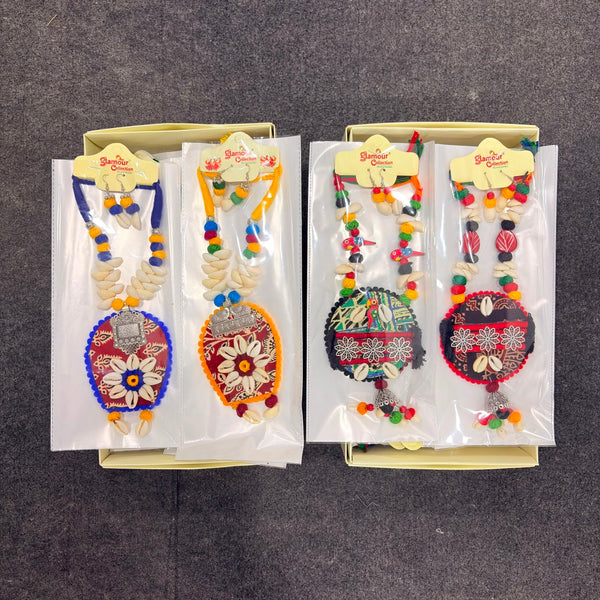 A06920 Handmade Multicolor Fabric Thread Necklace Set with Matching Cowrie Shell Earrings