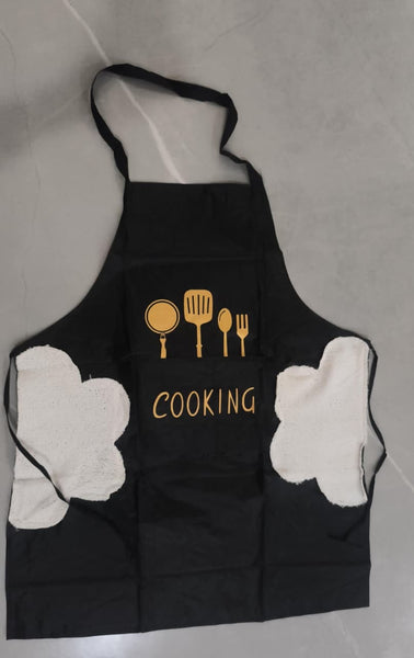 A07225 Waterproof Black Cooking Apron with Hand-Wipe Towels & Graphic Print (Without Pocket)