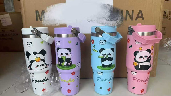 A07452 Cute Panda Print Steel Vacuum Insulated Travel Tumbler Mug with Handle & Straw Lid