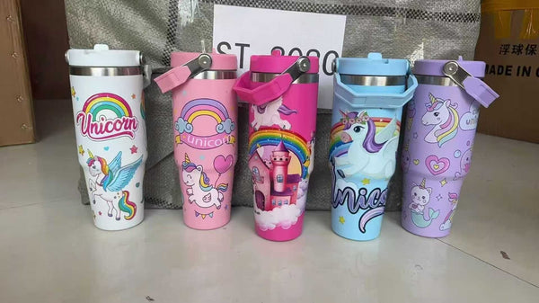 A07451 Unicorn Print Stainless Steel Tumbler Bottle with Flip Lid & Handle