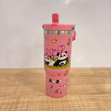 A07452 Cute Panda Print Steel Vacuum Insulated Travel Tumbler Mug with Handle & Straw Lid