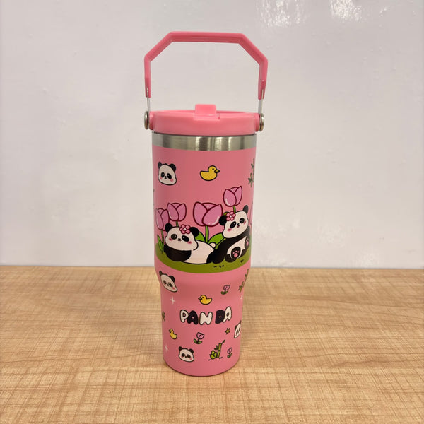 A07452 Cute Panda Print Steel Vacuum Insulated Travel Tumbler Mug with Handle & Straw Lid