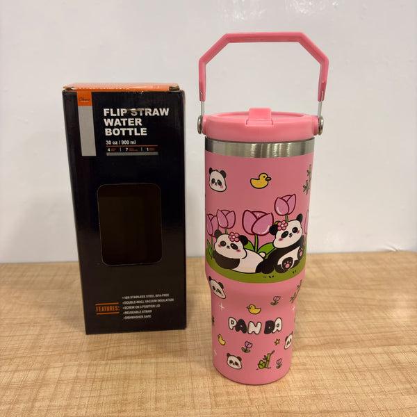 A07452 Cute Panda Print Steel Vacuum Insulated Travel Tumbler Mug with Handle & Straw Lid