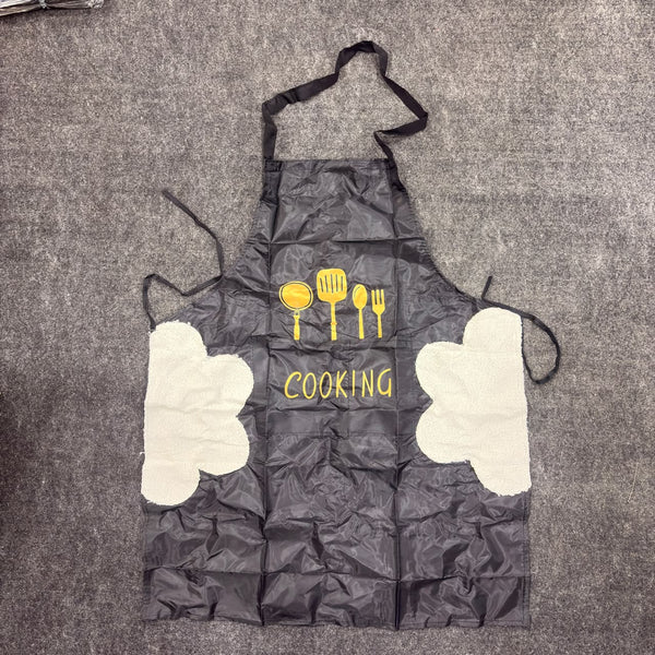 A07225 Waterproof Black Cooking Apron with Hand-Wipe Towels & Graphic Print (Without Pocket)