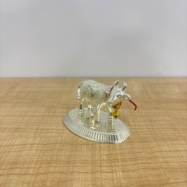A07474 Silver Plated Kamdhenu Cow and Calf Idol for Pooja and Gifting - No.1 (Small)
