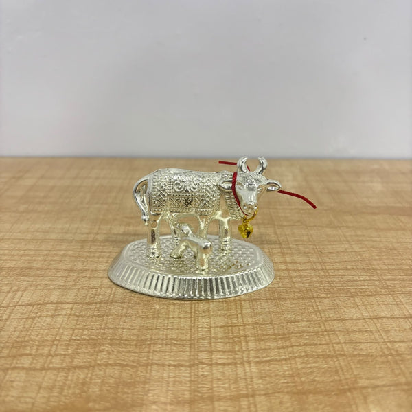 A07474 Silver Plated Kamdhenu Cow and Calf Idol for Pooja and Gifting - No.1 (Small)