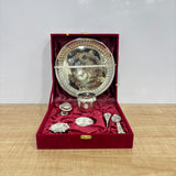 A07480 Silver Plated Embossed Puja Thali Set with Velvet Gift Box (7 Pcs) - 8 inch