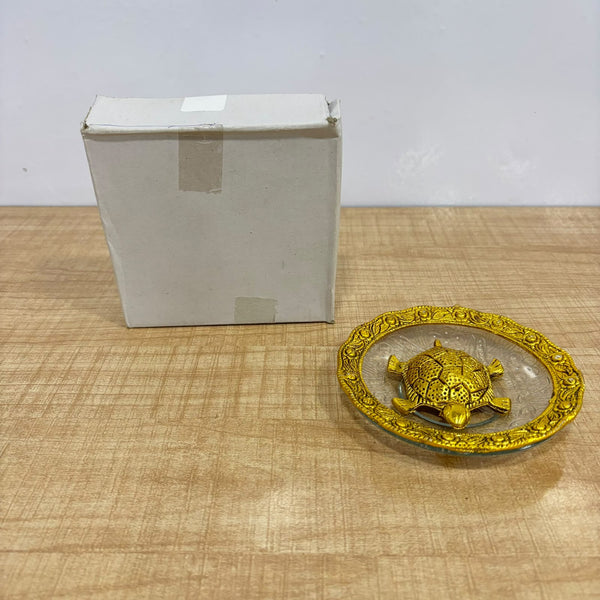 A07483 Golden Metal Tortoise with Decorative Glass Plate
