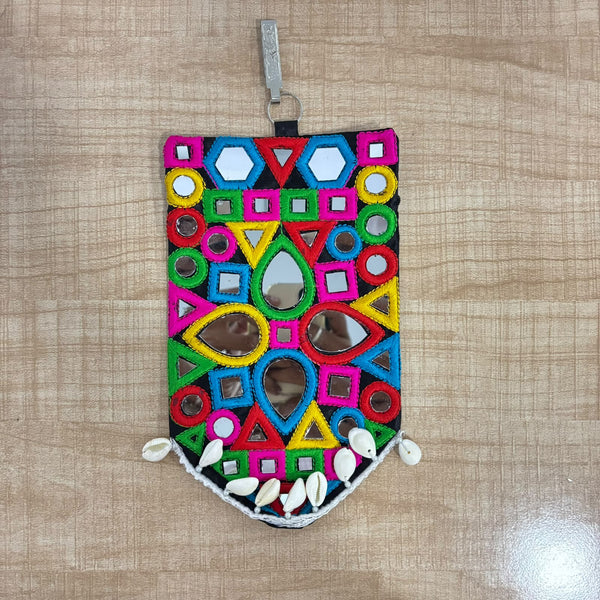 A07509 Traditional Embroidered Kutchi Mirror Work Mobile Pouch with Key Ring Clip & Cowrie Shells