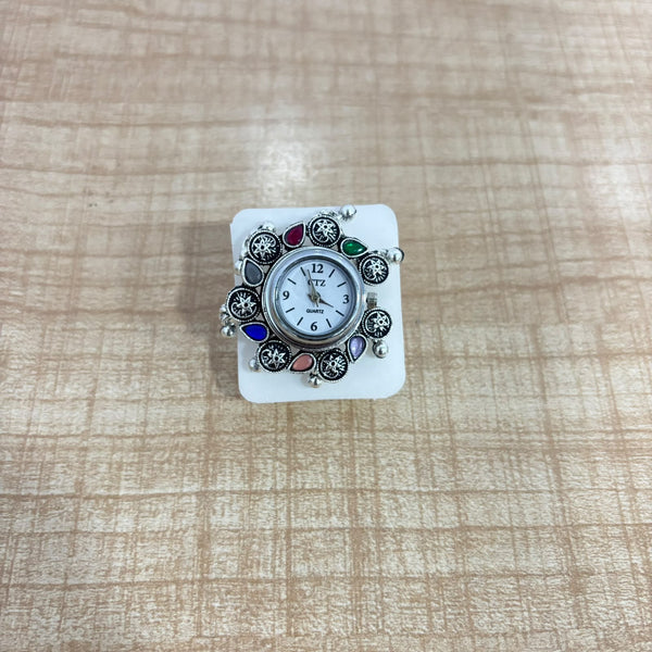 A07510 Oxidised Silver Multicolor Stone Finger Ring Watch for Women