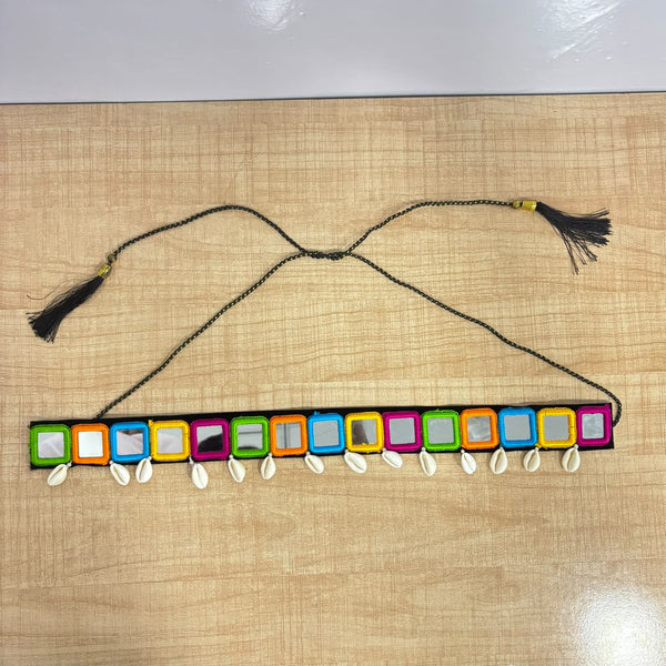A07514 Multicolor Mirror Work Fabric Choker Necklace with Cowrie Shell Drops and Dori Closure