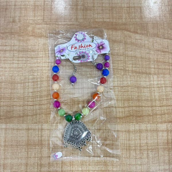 A07516 Multicolor Beaded Oxidized German Silver Pendant Necklace Set with Earrings
