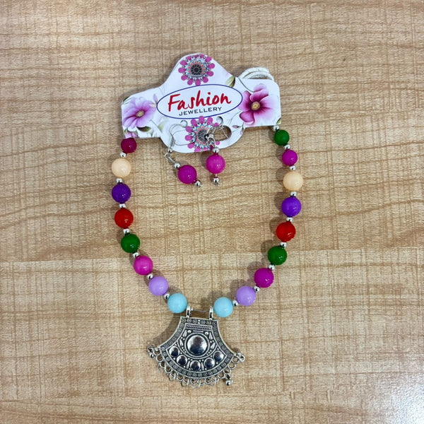 A07516 Multicolor Beaded Oxidized German Silver Pendant Necklace Set with Earrings