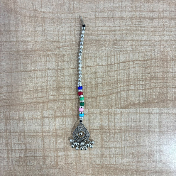 A07517 Oxidised Silver-Plated Multicolor Beaded Maang Tikka with Ghungroo Drops