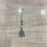 A07517 Oxidised Silver-Plated Multicolor Beaded Maang Tikka with Ghungroo Drops