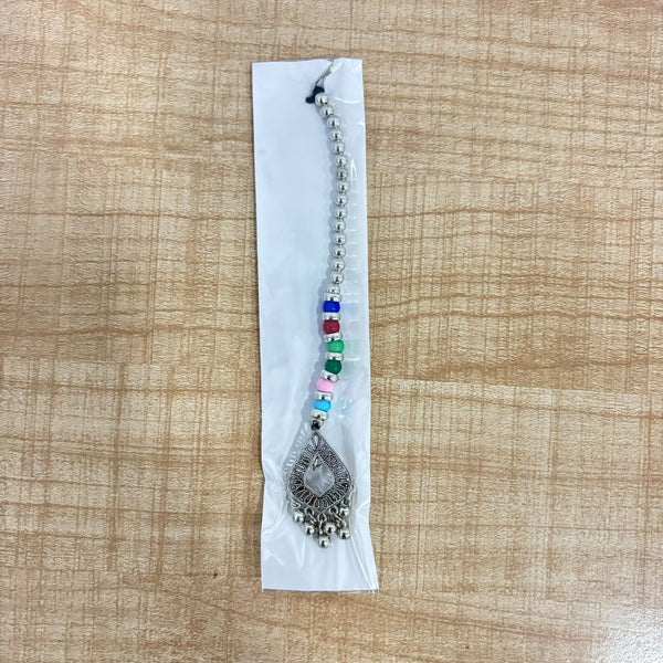A07517 Oxidised Silver-Plated Multicolor Beaded Maang Tikka with Ghungroo Drops