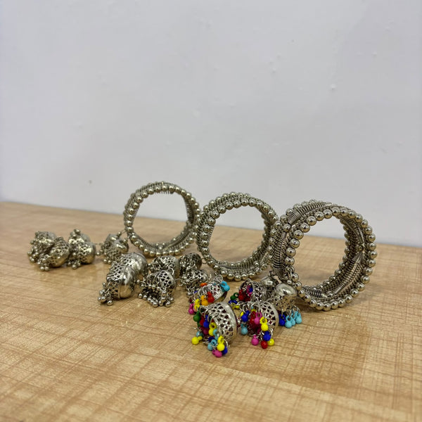 A07520 Oxidised Silver 5-Line Jhumka Kada Bangle