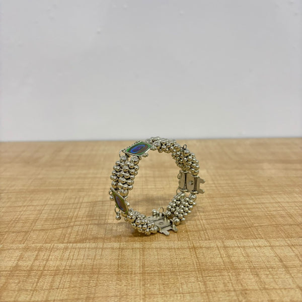 A07522 Traditional Oxidized Silver Peacock Feather Design Cluster Bead Bracelet Bangle