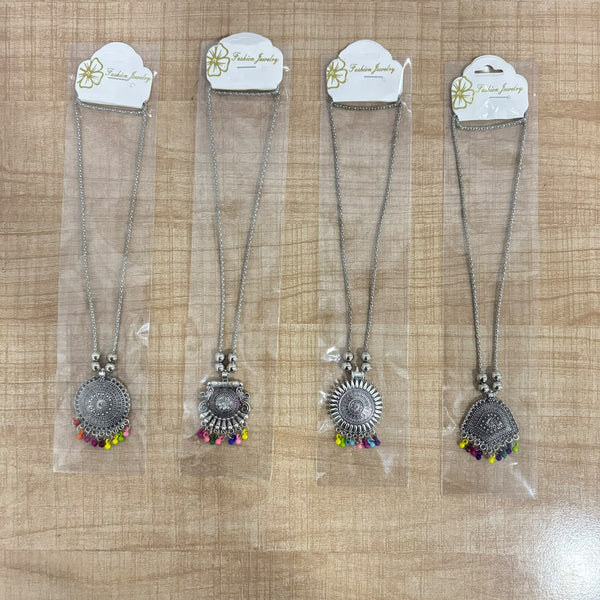 A07523 Traditional Silver-Look Oxidized Pendant Long Chain Necklace with Colorful Beaded Ghungroo Drops
