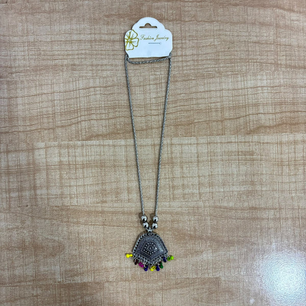 A07523 Traditional Silver-Look Oxidized Pendant Long Chain Necklace with Colorful Beaded Ghungroo Drops